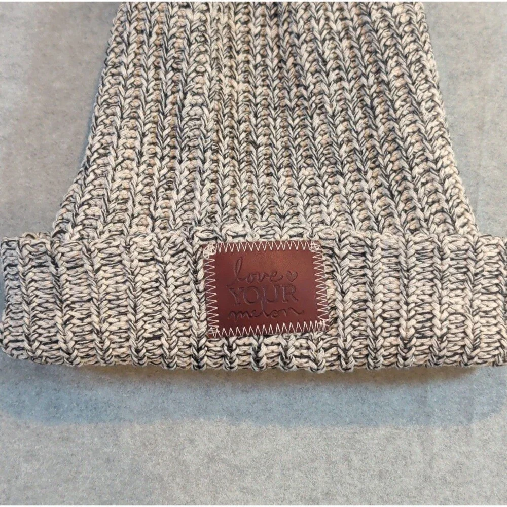Love Your Melon Women's Gray Black Speckled Pom Beanie Hat Brown Logo One Size